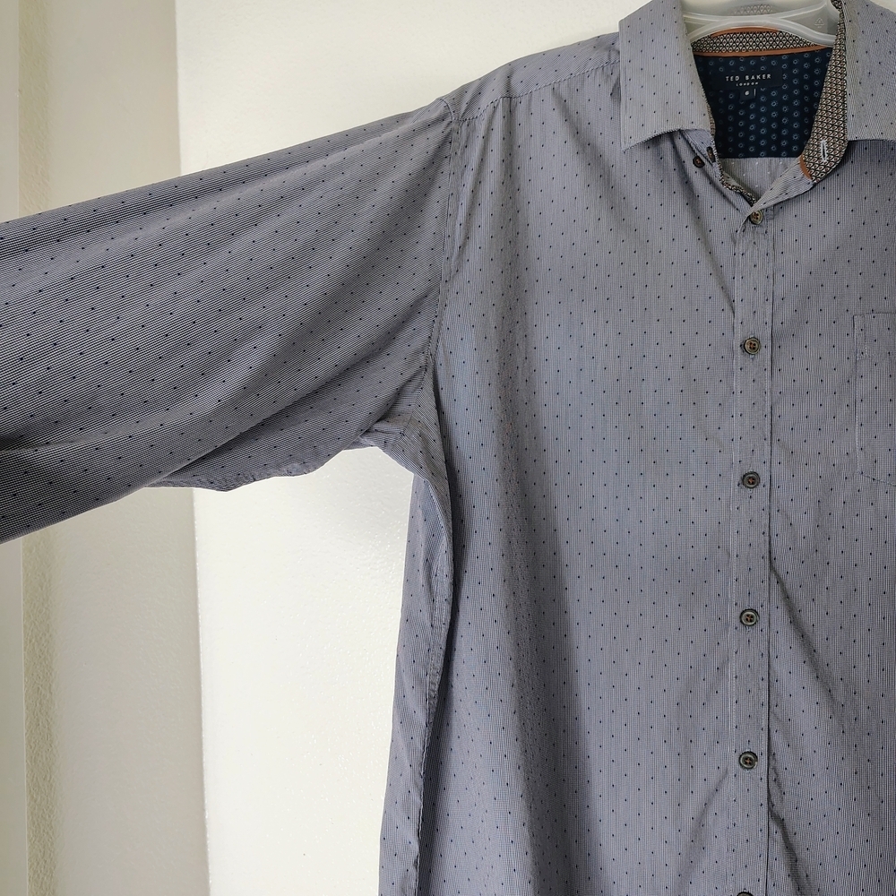 Ted Baker London Men's Blue Micro Print W/Polkadot TextureButton Up Shirt Size 6 - Picture 2 of 14